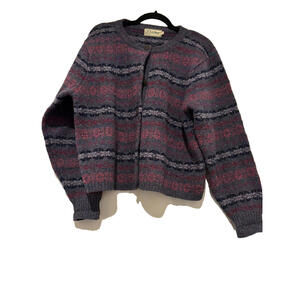 LL Bean sz L all wool button down cardigan sweater blue/red #3154